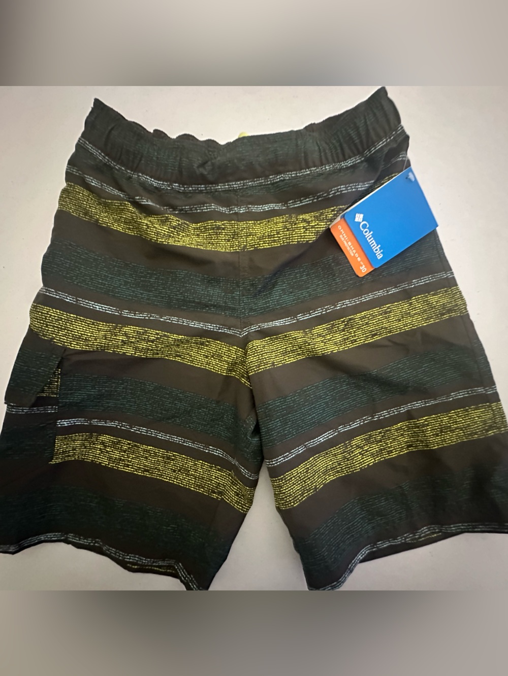 Columbia Boys Black & Olive Green Striped Swim Trunks